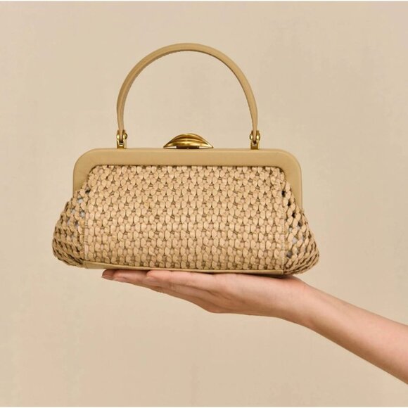 cult gaia Handbags - Cult Gaia Zuma Mini Crossbody in Sand - Woven Leather Kiss Lock